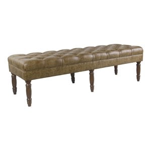 HomePop Classic Tufted Traditional Wood & Vegan Faux Leather Long Bench in Brown