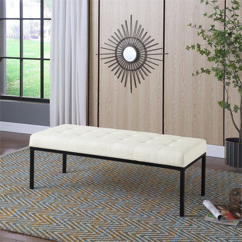 HomePop Tufted Modern Metal and Woven Fabric Bench in Cream/Matte Black