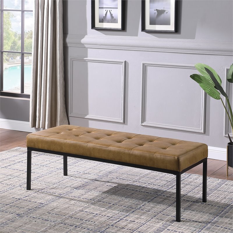 HomePop Tufted Modern Metal and Vegan Faux Leather Bench in Brown/Matte Black