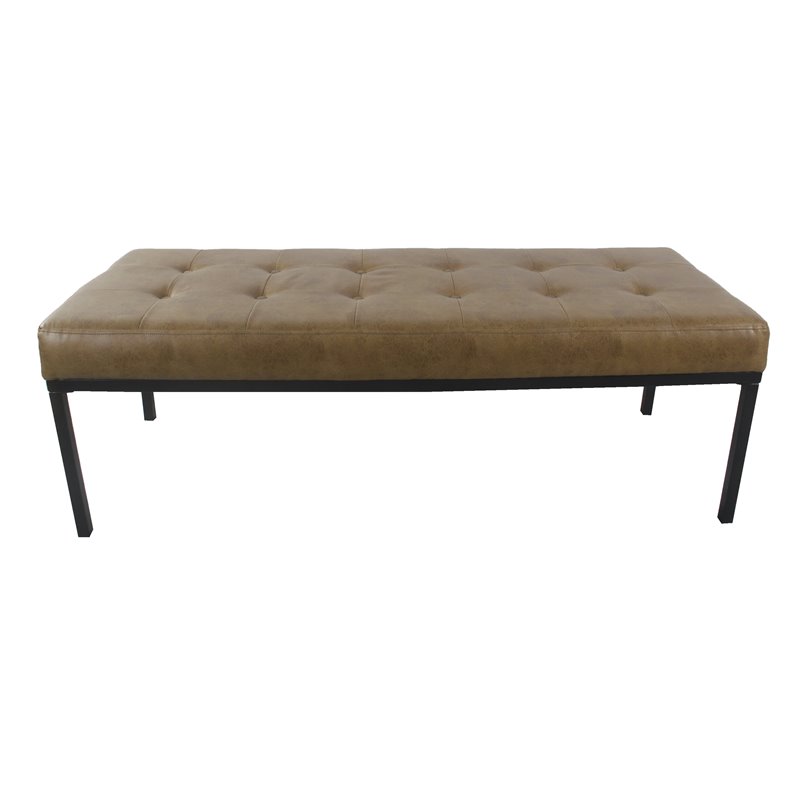 HomePop Tufted Modern Metal and Vegan Faux Leather Bench in Brown/Matte Black