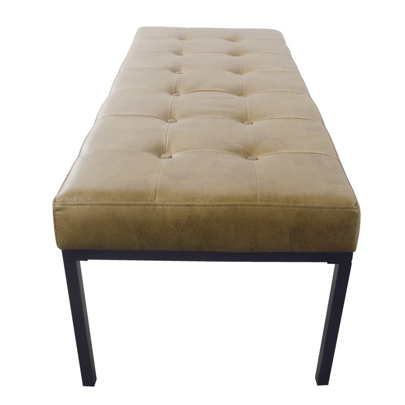 HomePop Tufted Modern Metal and Vegan Faux Leather Bench in Brown/Matte Black