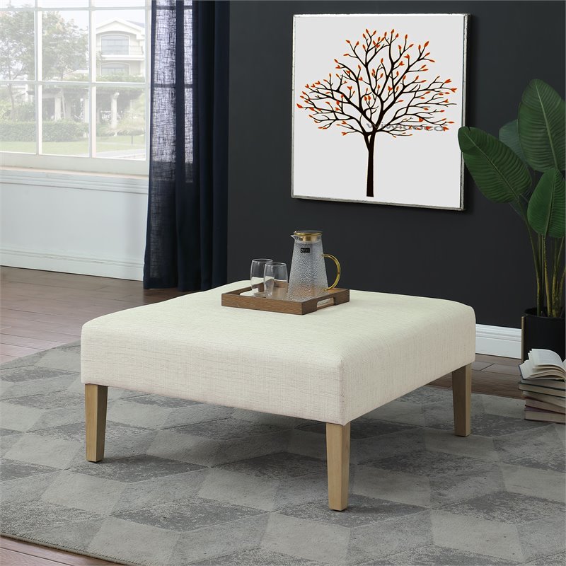 HomePop Square Transitional Wood and Woven Fabric Ottoman in Cream