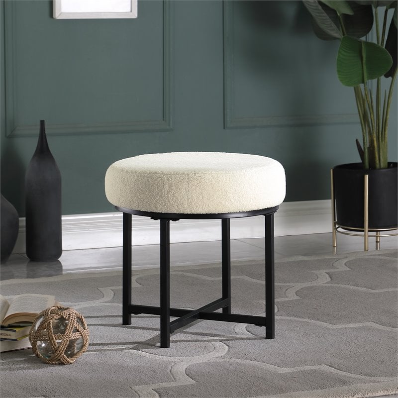 HomePop Round Transitional Metal and Faux Sheepskin Fabric Ottoman in Cream