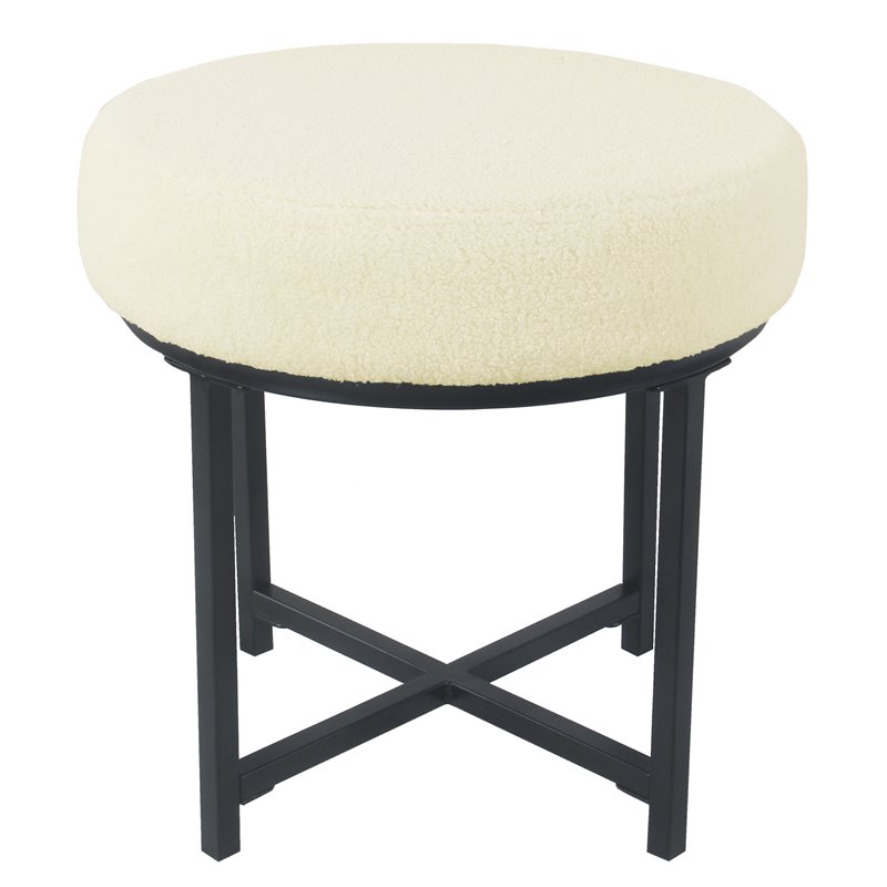 HomePop Round Transitional Metal and Faux Sheepskin Fabric Ottoman in Cream