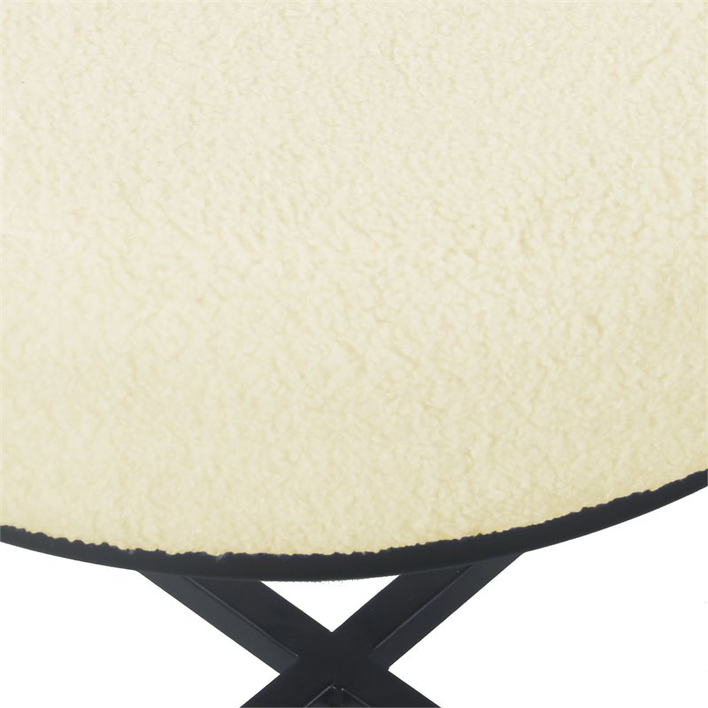 HomePop Round Transitional Metal and Faux Sheepskin Fabric Ottoman in Cream