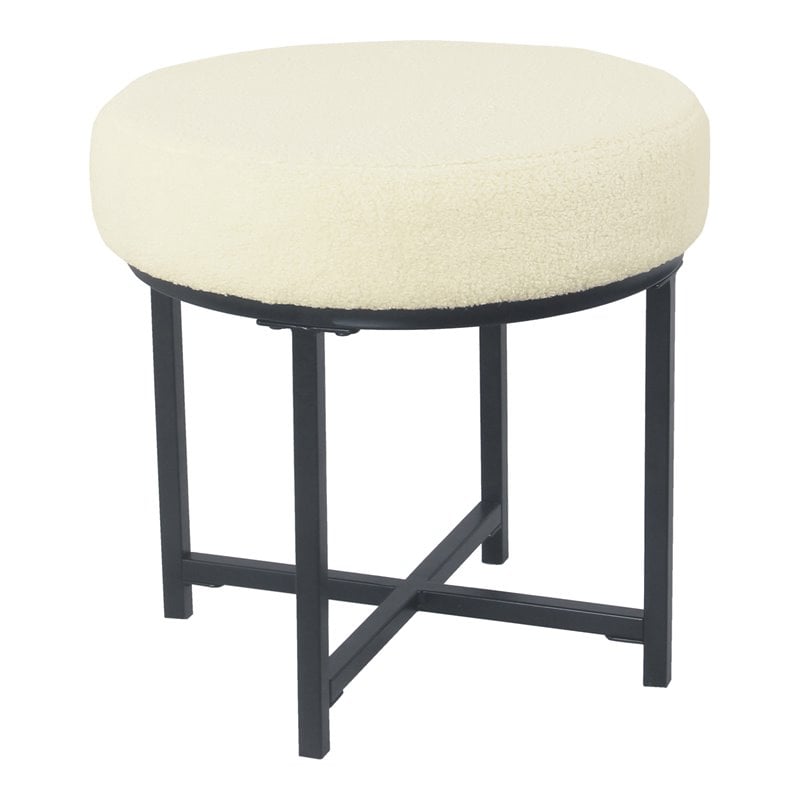 HomePop Round Transitional Metal and Faux Sheepskin Fabric Ottoman in Cream