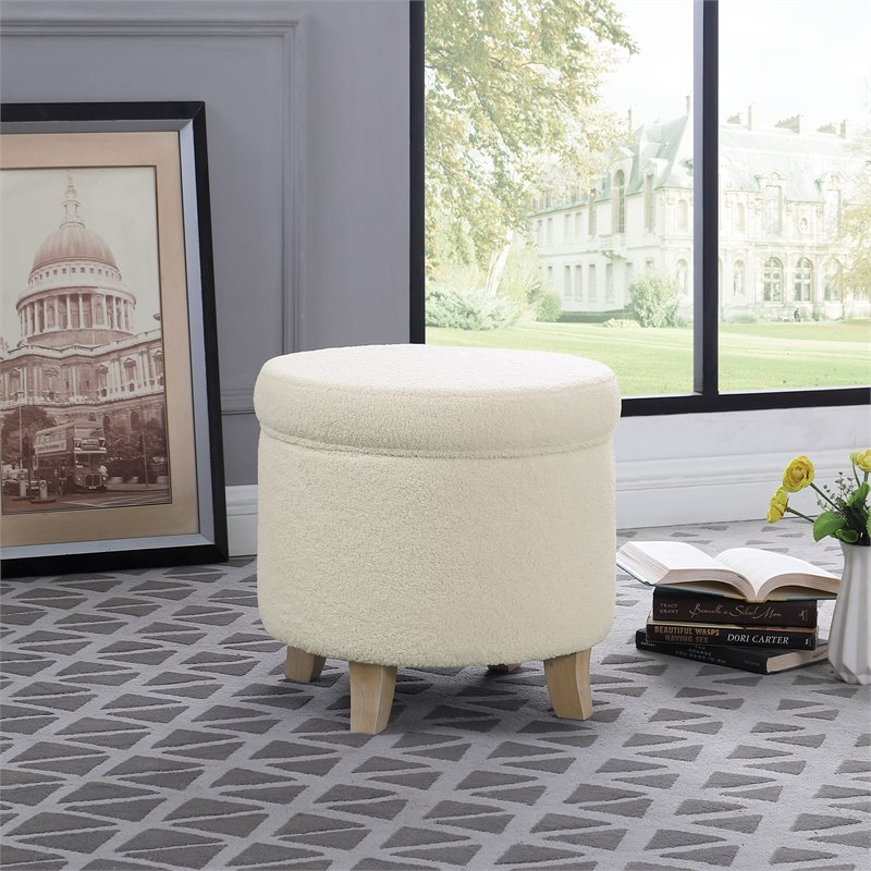 HomePop Round Transitional Faux Sheepskin Fabric Storage Ottoman in Cream
