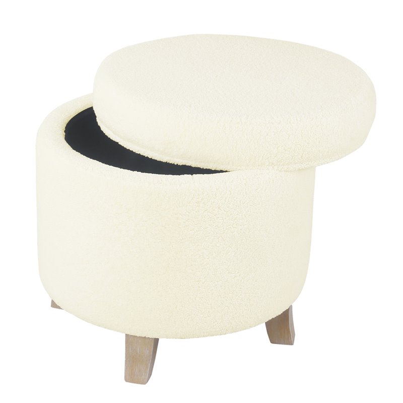 HomePop Round Transitional Faux Sheepskin Fabric Storage Ottoman in Cream
