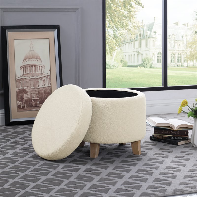 HomePop Round Transitional Faux Sheepskin Fabric Storage Ottoman in Cream