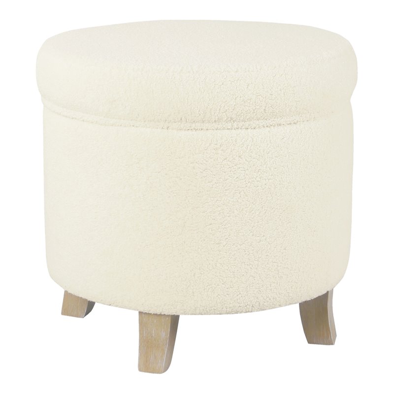 HomePop Round Transitional Faux Sheepskin Fabric Storage Ottoman in Cream