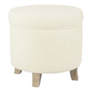 HomePop Round Transitional Faux Sheepskin Fabric Storage Ottoman in Cream