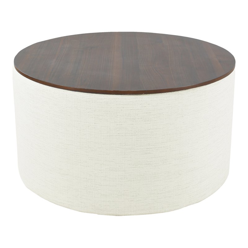HomePop Modern Fabric Storage Ottoman with Wood Top in Cream