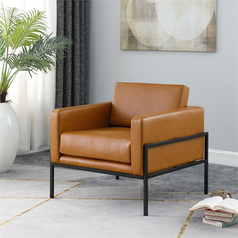 HomePop Modern Faux Leather Accent Chair with Matte Black Metal Legs in Brown