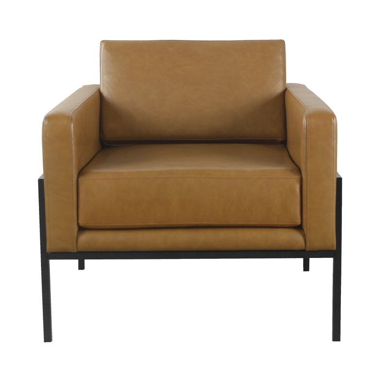 HomePop Modern Faux Leather Accent Chair with Matte Black Metal Legs in Brown