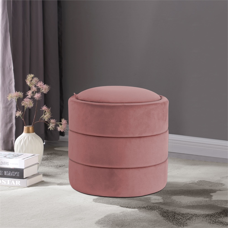 HomePop Round Transitional Velvet Upholstered Storage Ottoman in Blush Pink