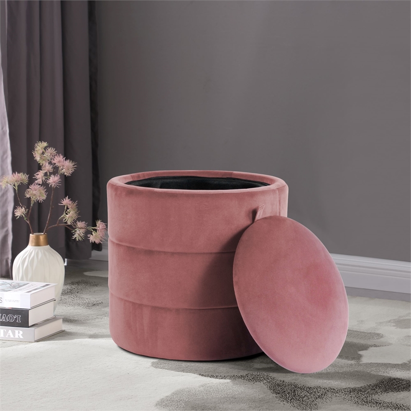 HomePop Round Transitional Velvet Upholstered Storage Ottoman in Blush Pink