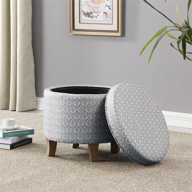HomePop Round Transitional Fabric Storage Ottoman in Light Gray