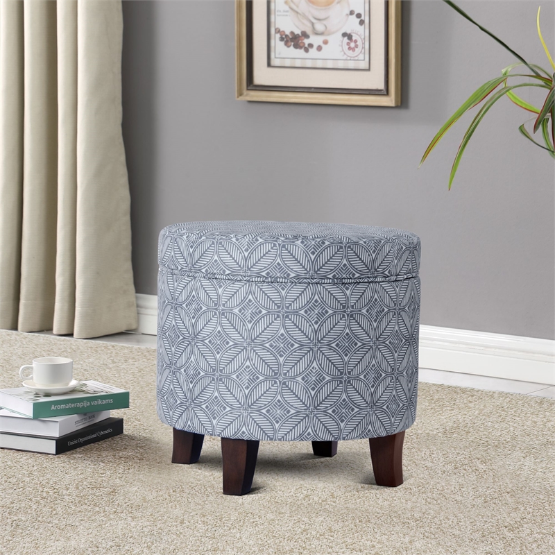 HomePop Round Transitional Fabric Storage Ottoman in Indigo Blue