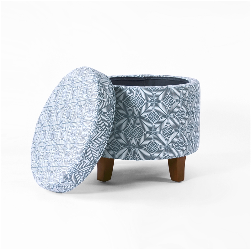 HomePop Round Transitional Fabric Storage Ottoman in Indigo Blue