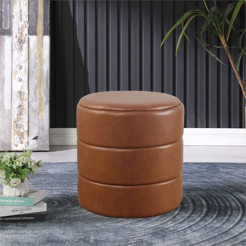 HomePop Round Faux Leather Upholstered Decorative Ottoman in Carmel Brown