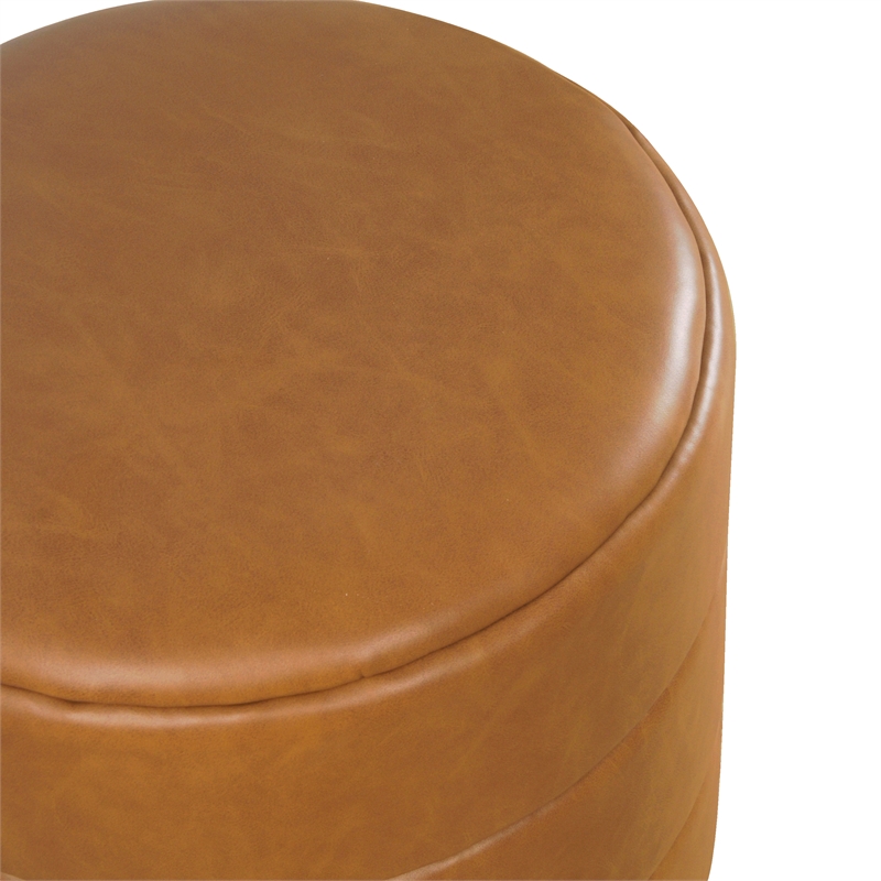 HomePop Round Faux Leather Upholstered Decorative Ottoman in Carmel Brown