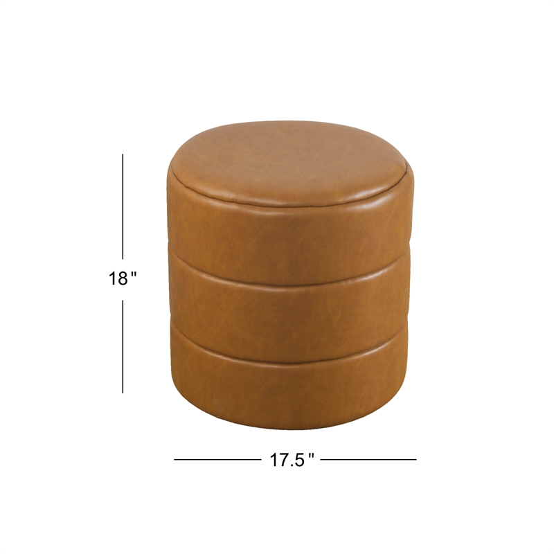 HomePop Round Faux Leather Upholstered Decorative Ottoman in Carmel Brown
