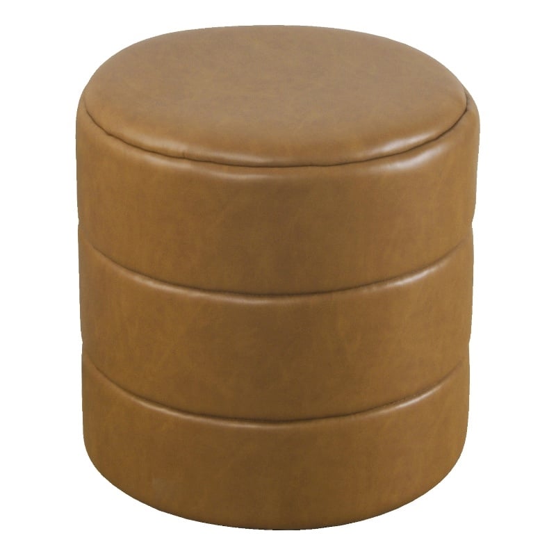 HomePop Round Faux Leather Upholstered Decorative Ottoman in Carmel Brown