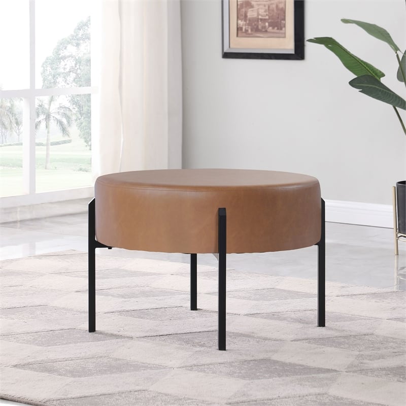 HomePop Modern Faux Leather Decorative Ottoman in Carmel Brown