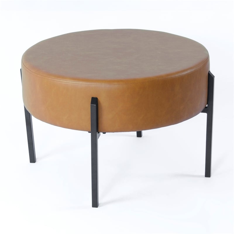 HomePop Modern Faux Leather Decorative Ottoman in Carmel Brown