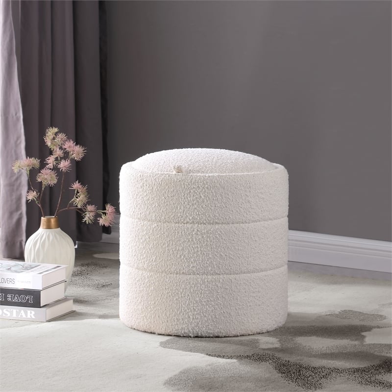 HomePop Round Transitional Fabric Upholstered Storage Ottoman in Cream