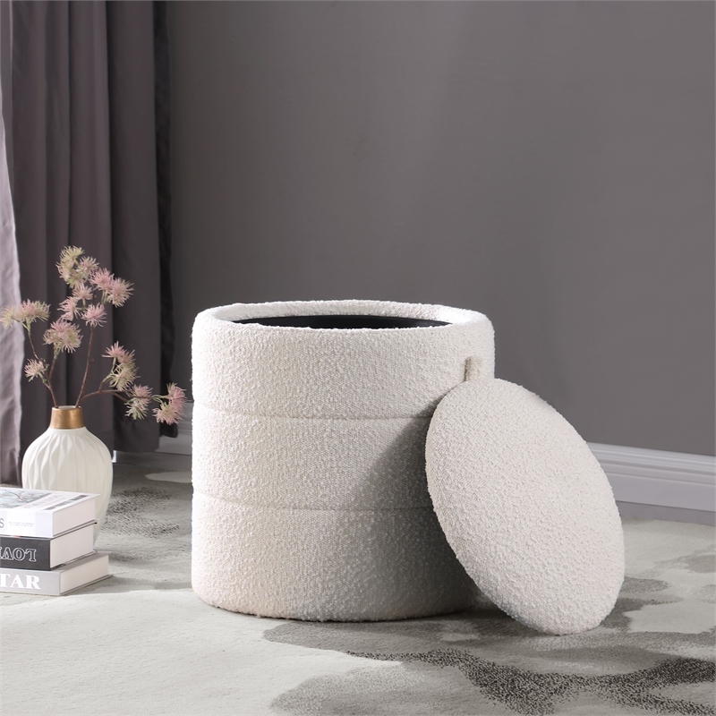 HomePop Round Transitional Fabric Upholstered Storage Ottoman in Cream