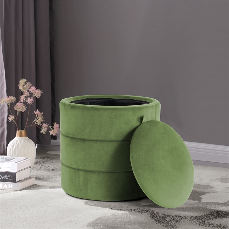 HomePop Round Transitional Velvet Upholstered Storage Ottoman in Forest Green