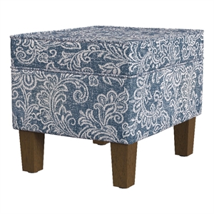 HomePop 18&quot Medium Fabric Storage Ottoman in Blue Denim Jacobean Print