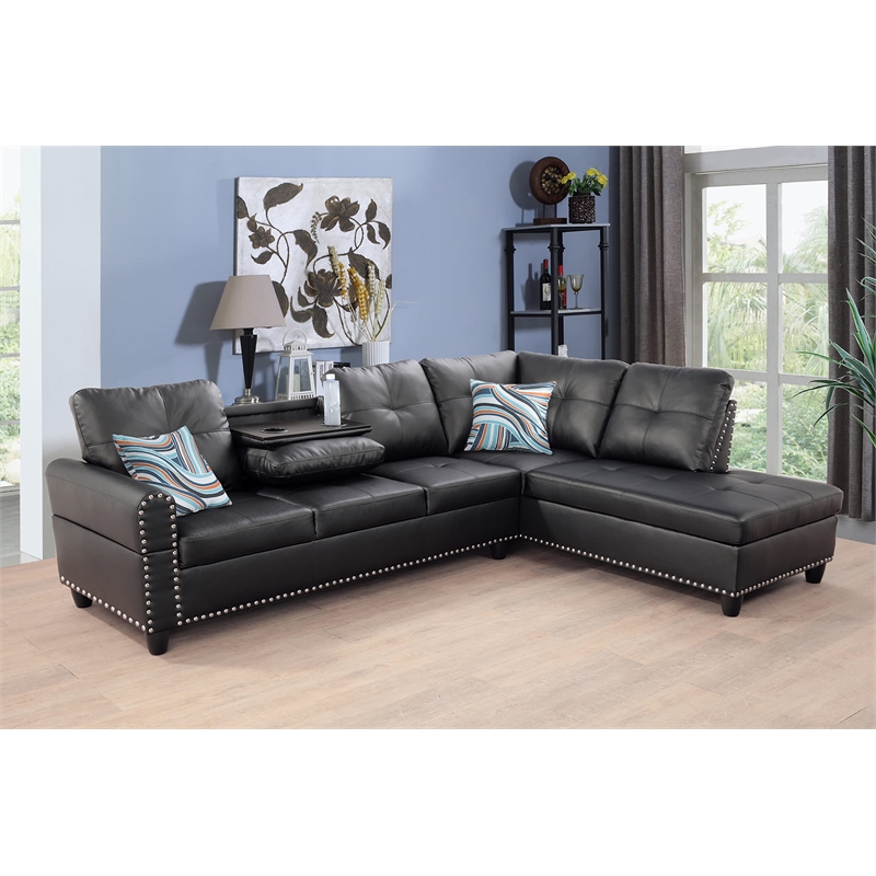 Star Home Living Corp Sean Faux Leather Sectional Sofa in Black not ottoman