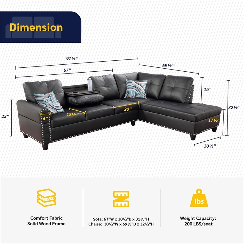 Star Home Living Corp Sean Faux Leather Sectional Sofa in Black not ottoman