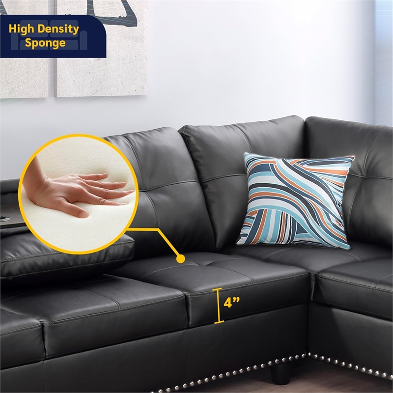 Star Home Living Corp Sean Faux Leather Sectional Sofa in Black not ottoman