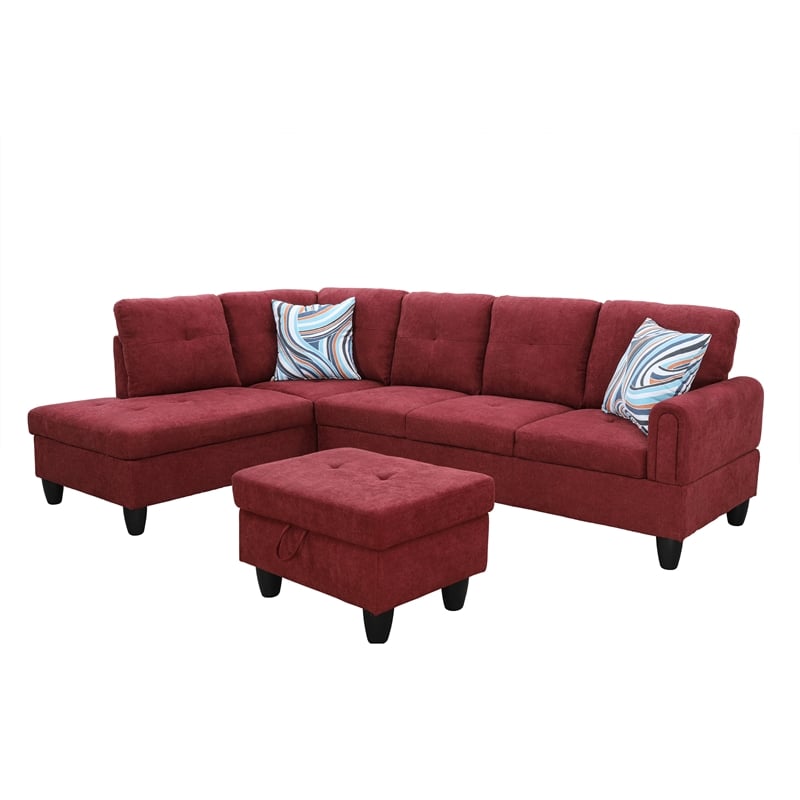 Star Home Living 3PC Flannelette Sectional Sofa with Ottoman (Red)