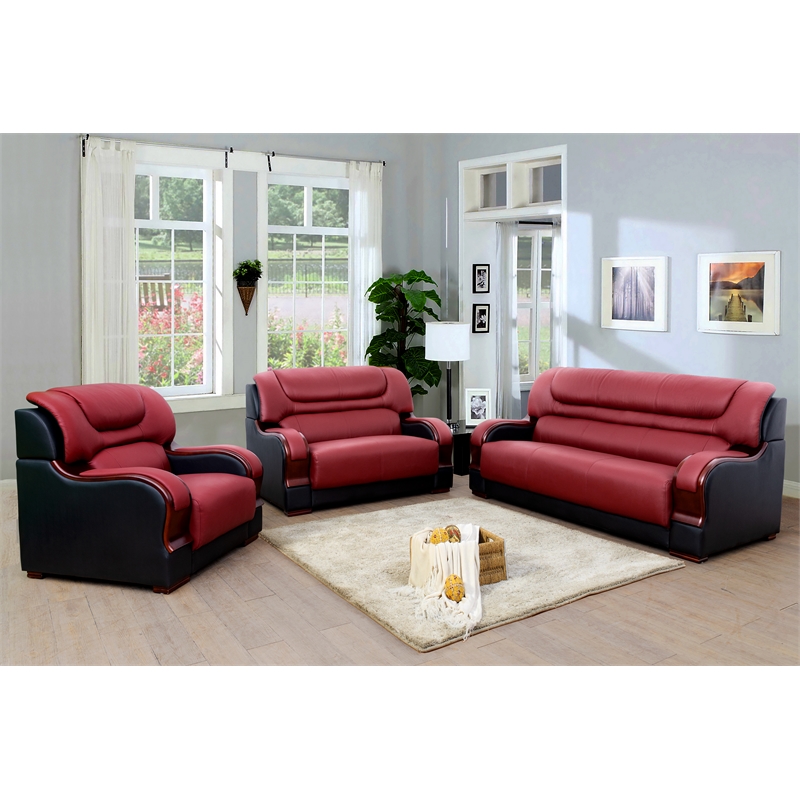 Star Home Living 3-Piece Genuine Leather Sofa Set in Black/Red
