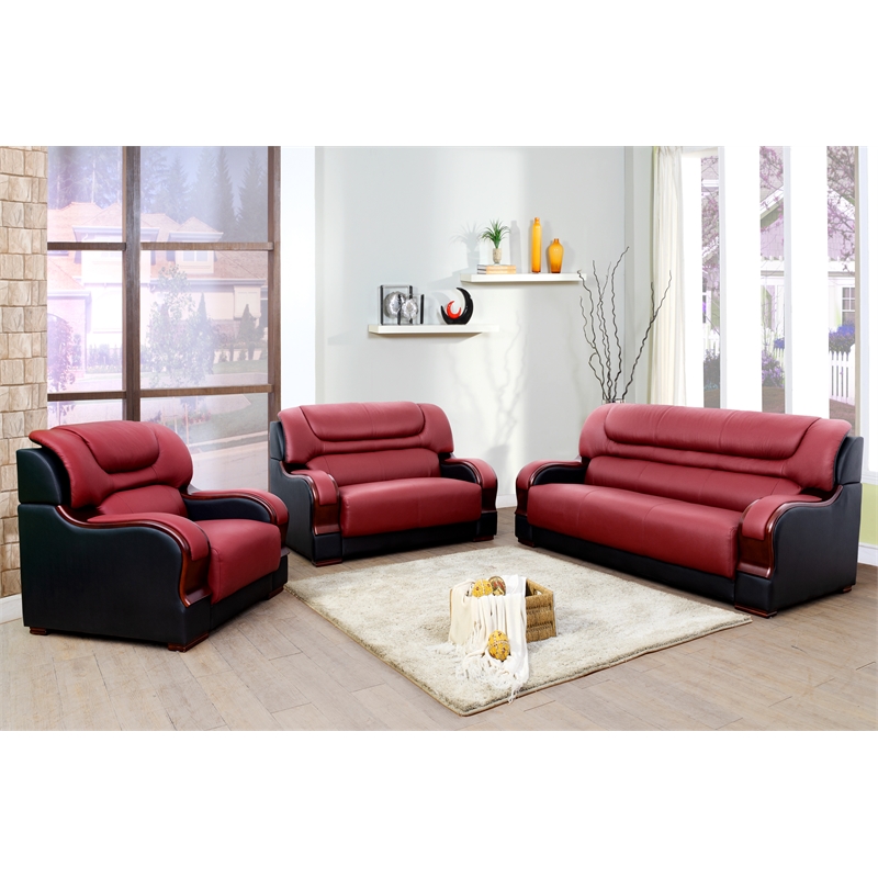 Star Home Living 3-Piece Genuine Leather Sofa Set in Black/Red