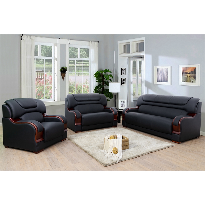Star Home Living 3 Pieces Genuine Leather Living Room Set in Black