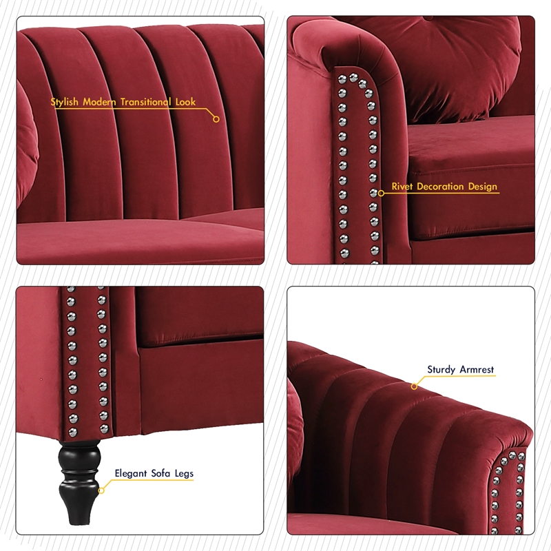 Jessica 3 Pieces Red Microfiber Living Room Set Modern Velvet Sofa Set pillow