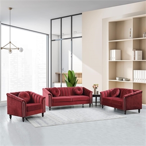 Jessica 3 Pieces Red Microfiber Living Room Set Modern Velvet Sofa Set pillow