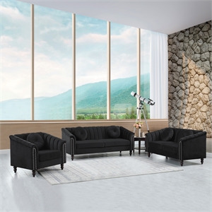 Jessica 3 Pieces Black Microfiber Living Room Set Modern Velvet Sofa Set pillow