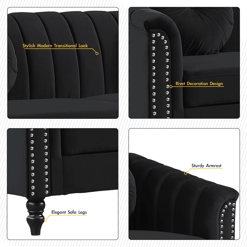 Jessica 3 Pieces Black Microfiber Living Room Set Modern Velvet Sofa Set pillow