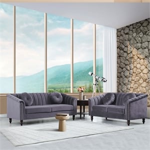 Jessica 2 Pieces Gray Microfiber Living Room Set Modern Velvet Sofa Set pillow