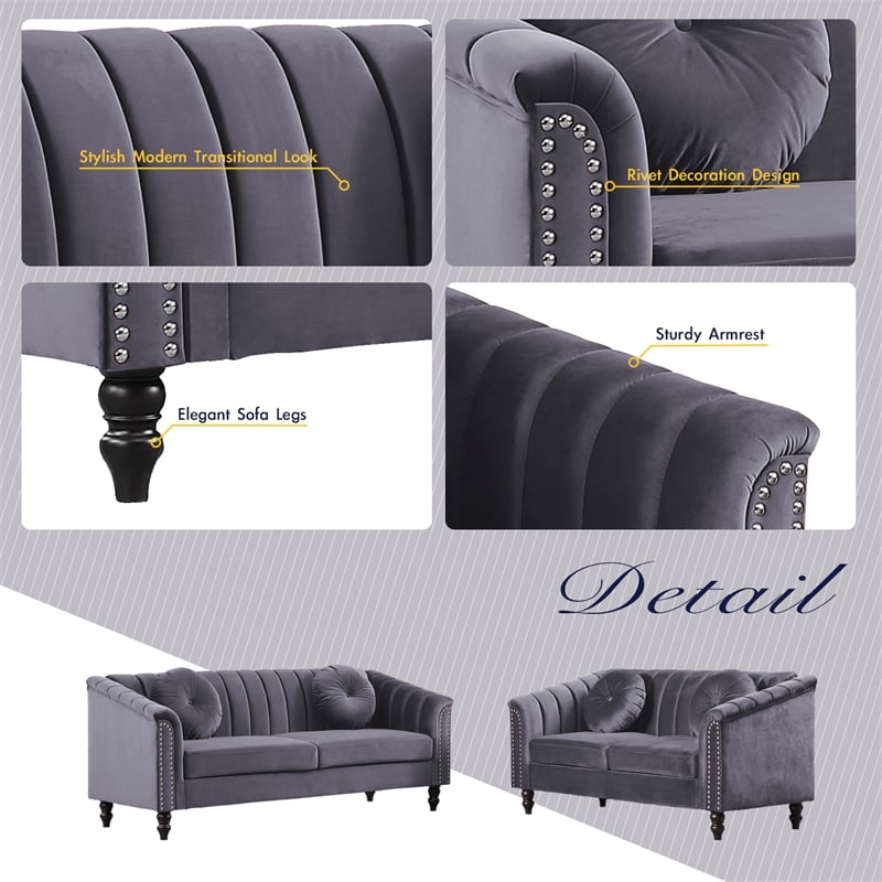 Jessica 2 Pieces Gray Microfiber Living Room Set Modern Velvet Sofa Set pillow