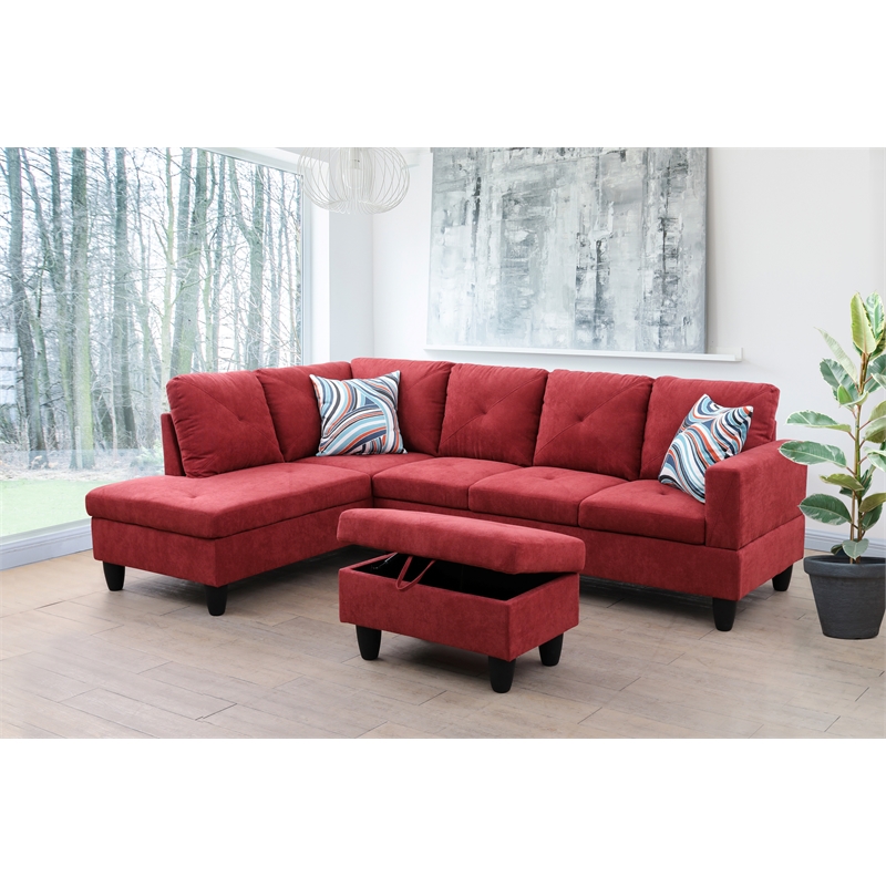 Starhome L Shaped Red Couch with Storage Ottoman(Pillows Included) Microfiber
