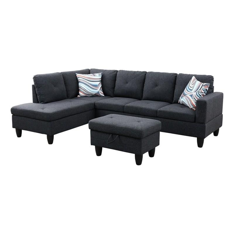 Starhome L Shaped Black Gray Couch with Ottoman(Pillows Included) Microfiber