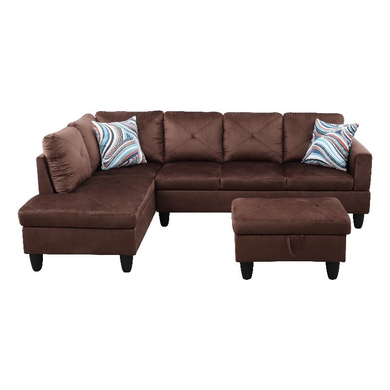 Starhome L Shaped Brown Couch with Ottoman(Pillows Included) Microfiber