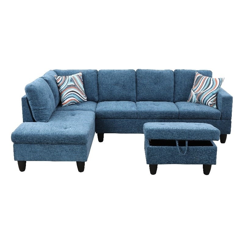 Starhome L Shaped Blue Couch with Ottoman(Pillows Included) Microfiber